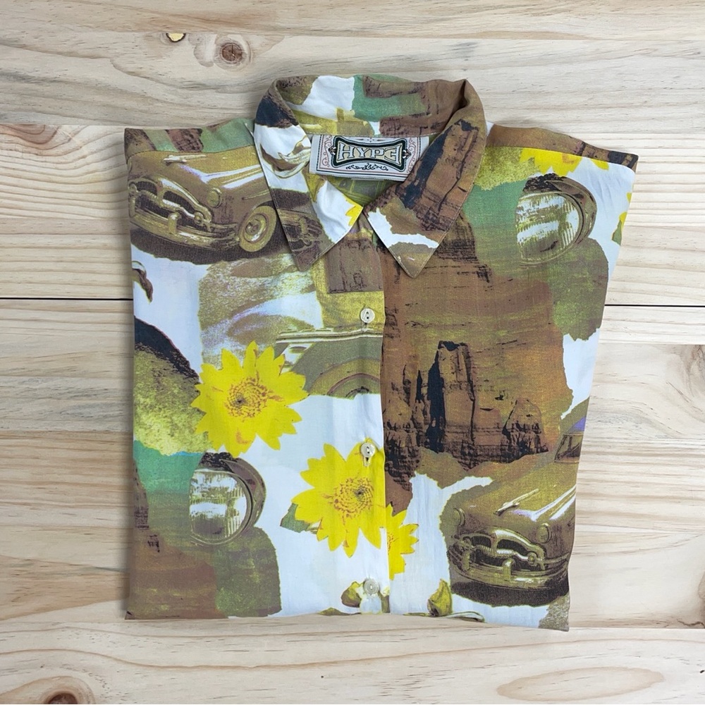 Vintage Hype Multicolor Graphic Rayon Blouse - Made in USA - Sz M